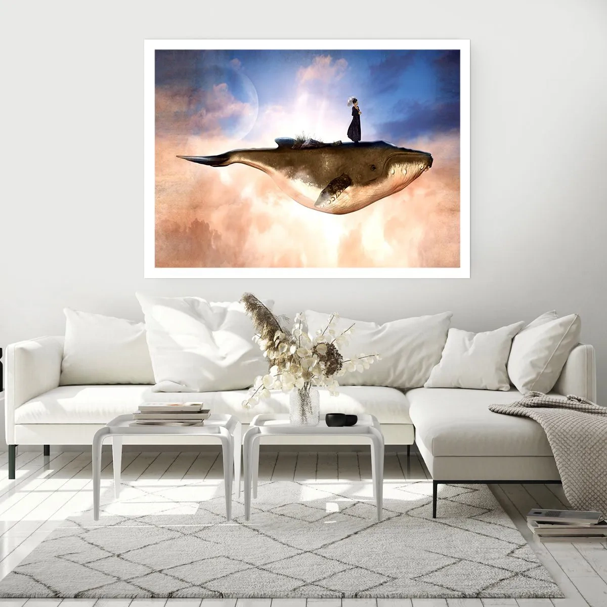Plakat - Fantastyczna scena kobiety na wielorybie wśród chmur - 100x70cm - Nadrealna podróż - Nowoczesna dekoracja ścienna do salonu i sypialni ARTTOR