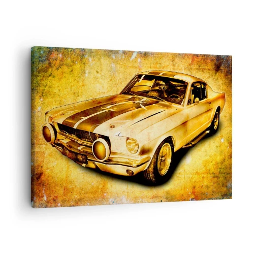 Obraz na płótnie - Klasyczny sportowy samochód retro na tle vintage w złotych odcieniach - 70x50cm - Szalone lata 70. - Nowoczesna dekoracja ścienna do salonu i sypialni ARTTOR