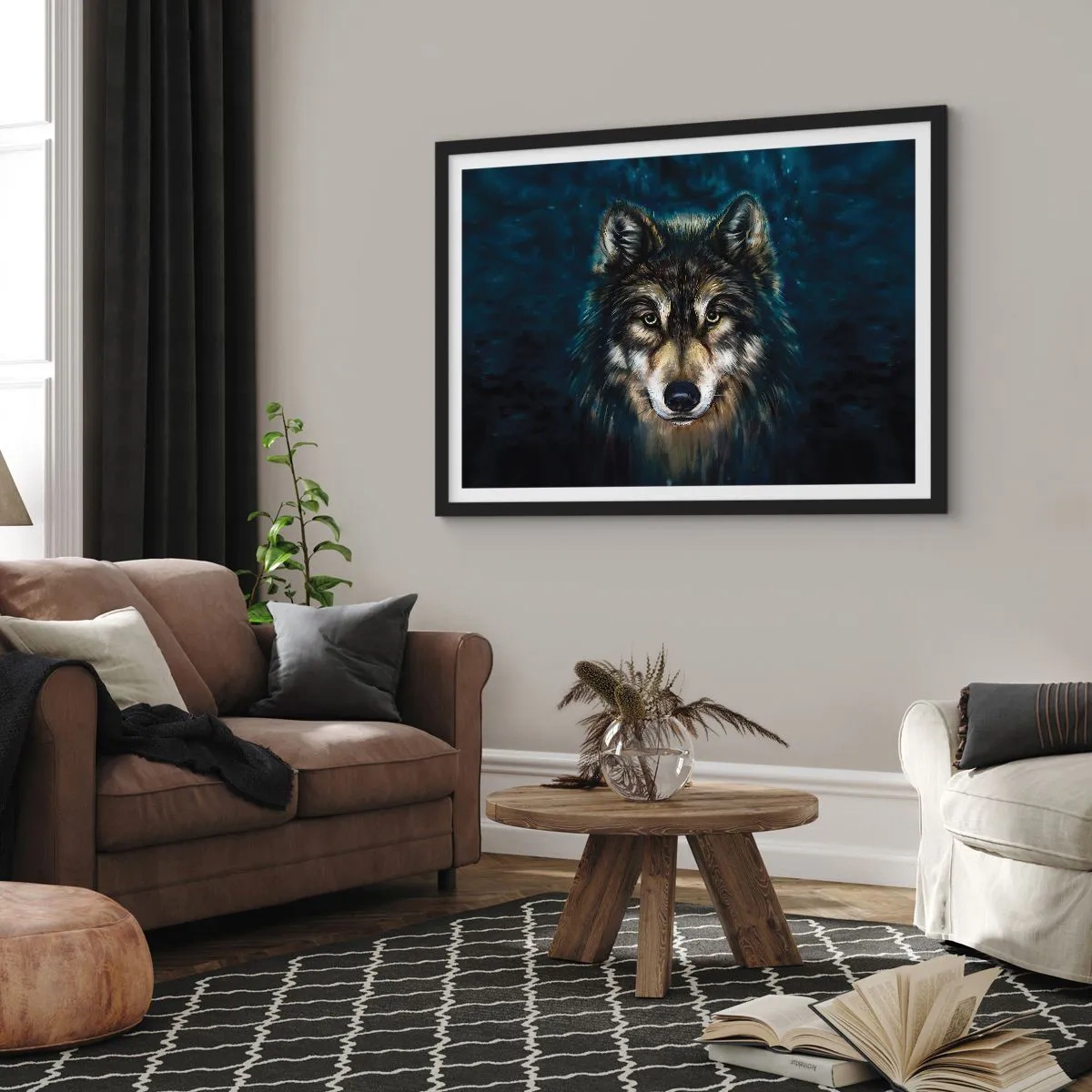 Plakat w czarnej ramie - Portret wilka na ciemnym tle w odcieniach niebieskiego - 100x70cm - Alfa? I omega - Nowoczesna dekoracja ścienna do salonu i sypialni ARTTOR