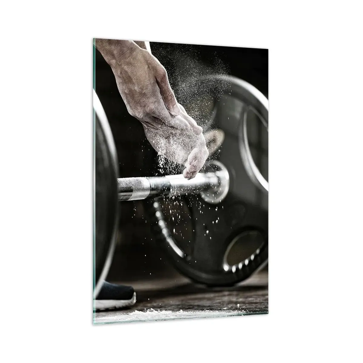 Obraz na szkle - Hantle i ręce sportowca przygotowujące się do treningu - 80x120cm - Wyzwanie podjęte! - Nowoczesna dekoracja ścienna do salonu i sypialni ARTTOR