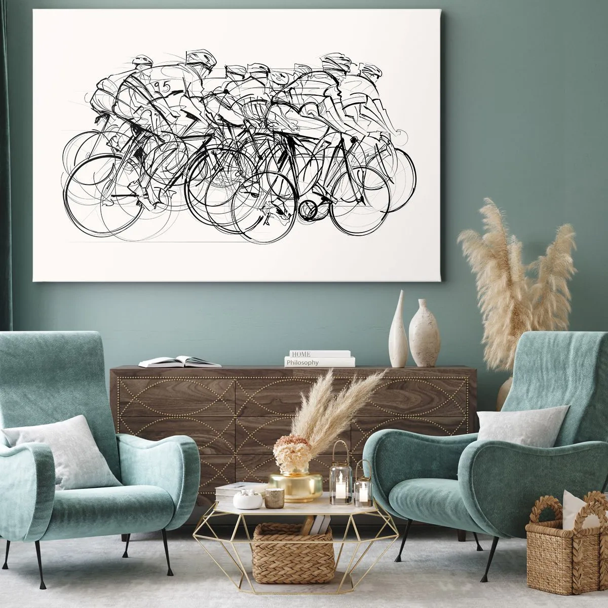 Obraz na płótnie - Grupa kolarzy w ruchu w minimalistycznym stylu - 120x80cm - Wespół w zespół - Nowoczesna dekoracja ścienna do salonu, kuchni i sypialni ARTTOR