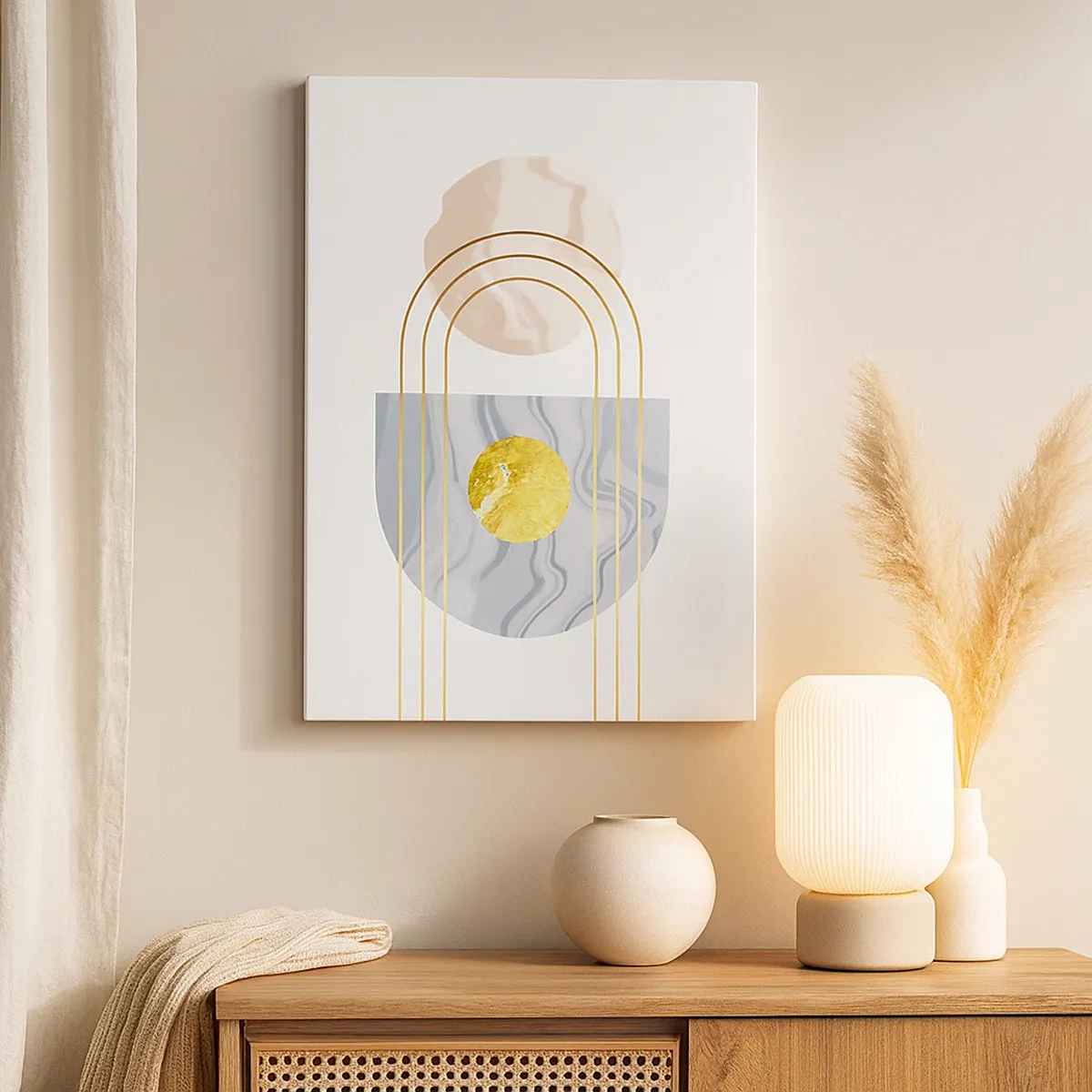 Obraz na płótnie - Geometryczna kompozycja z elementami złota i marmuru - 50x70cm - Jasność i blask - Nowoczesna dekoracja ścienna do salonu, kuchni i sypialni ARTTOR