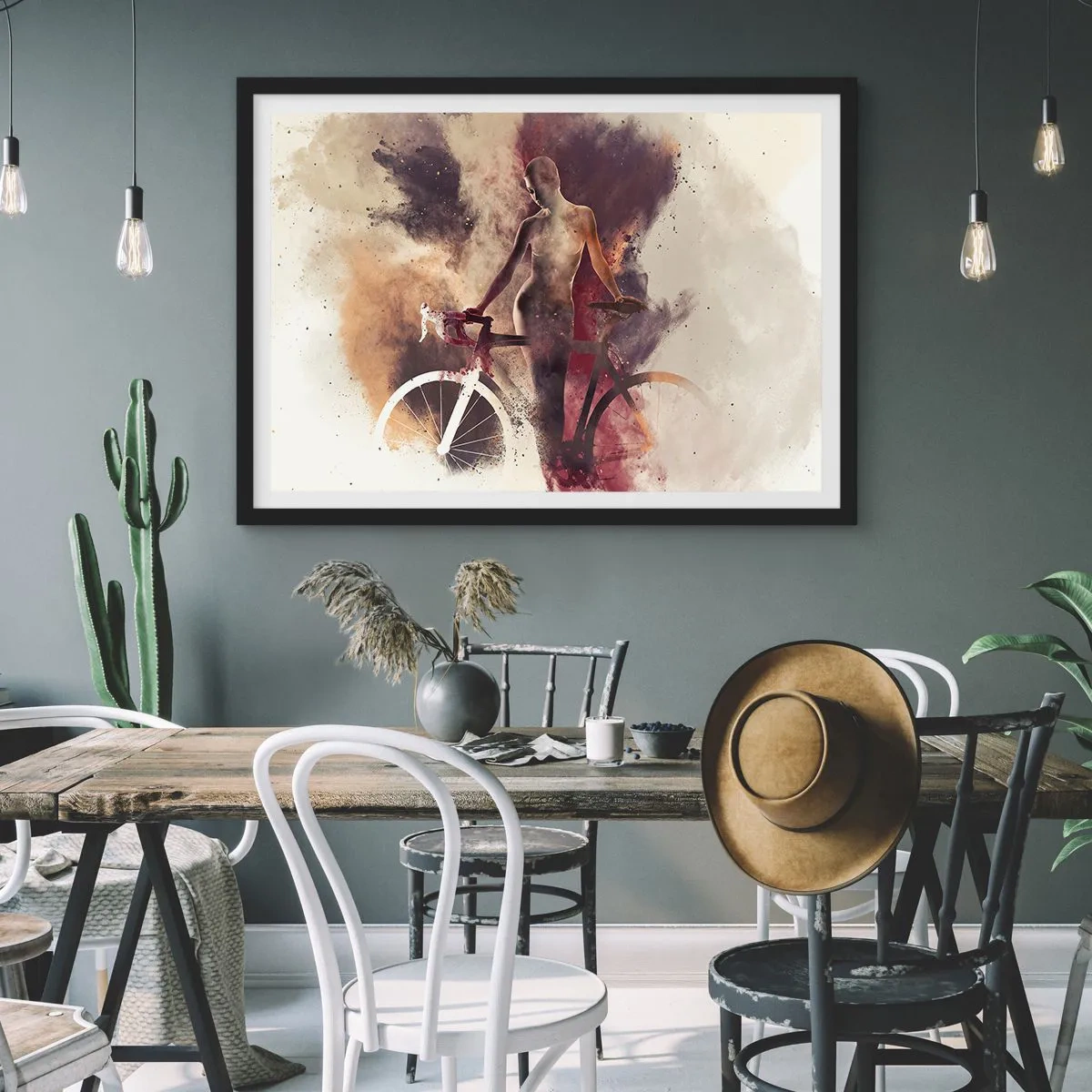 Plakat w czarnej ramie - Abstrakcyjna sylwetka z rowerem w artystycznym stylu - 100x70cm - W marmurowych kształtach rowerowa dusza - Nowoczesna dekoracja ścienna do salonu i sypialni ARTTOR