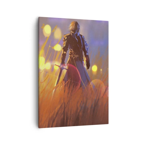 Obraz na płótnie - Wojownik z mieczem stojący wśród traw o zachodzie słońca - 50x70cm - Błędny rycerz - Nowoczesna dekoracja ścienna do salonu, kuchni i sypialni ARTTOR