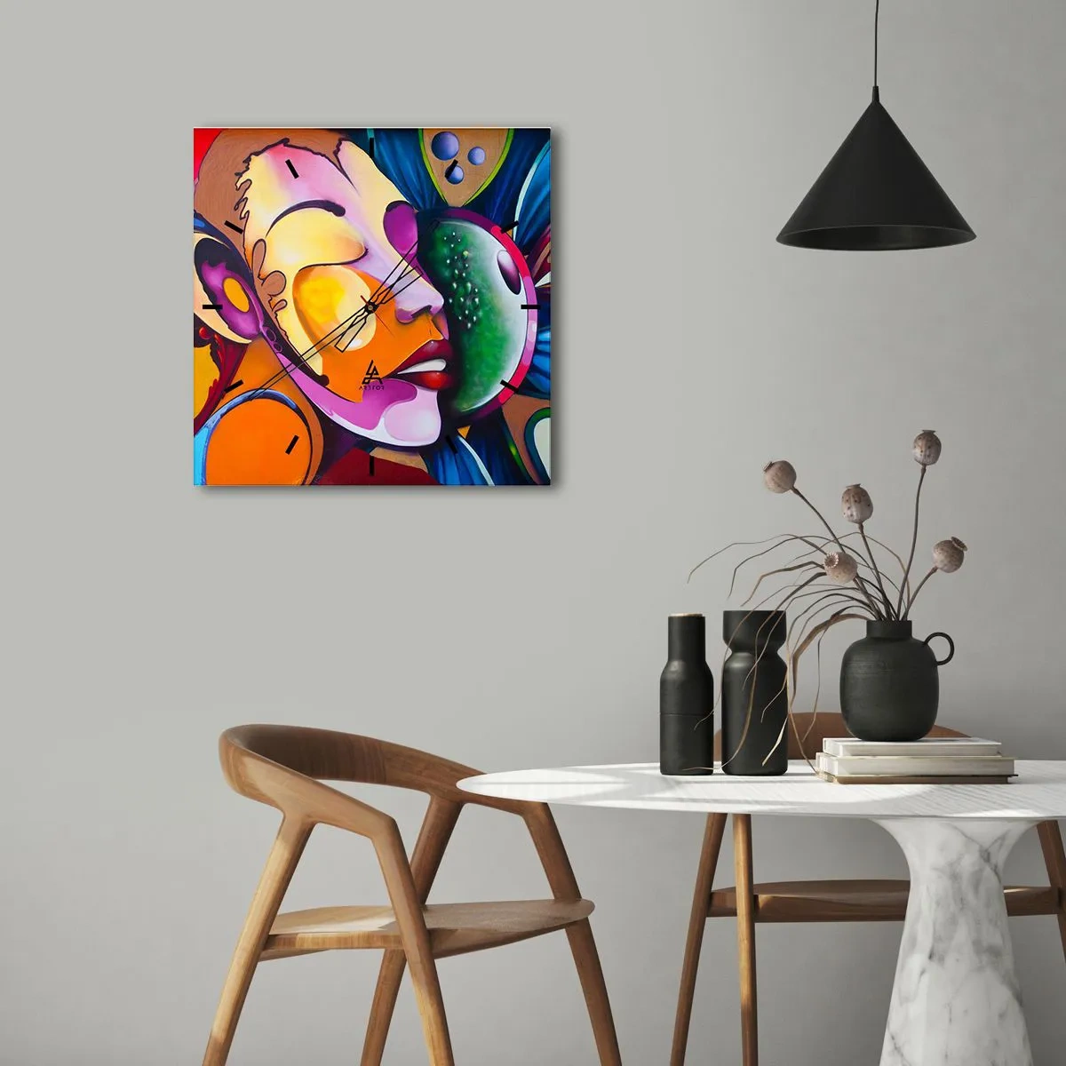 Zegar ścienny - Kolorowa abstrakcja z motywem twarzy w dynamicznej kompozycji - 30x30cm - Dotknąć kolorem - Nowoczesna dekoracja ścienna do salonu i sypialni ARTTOR