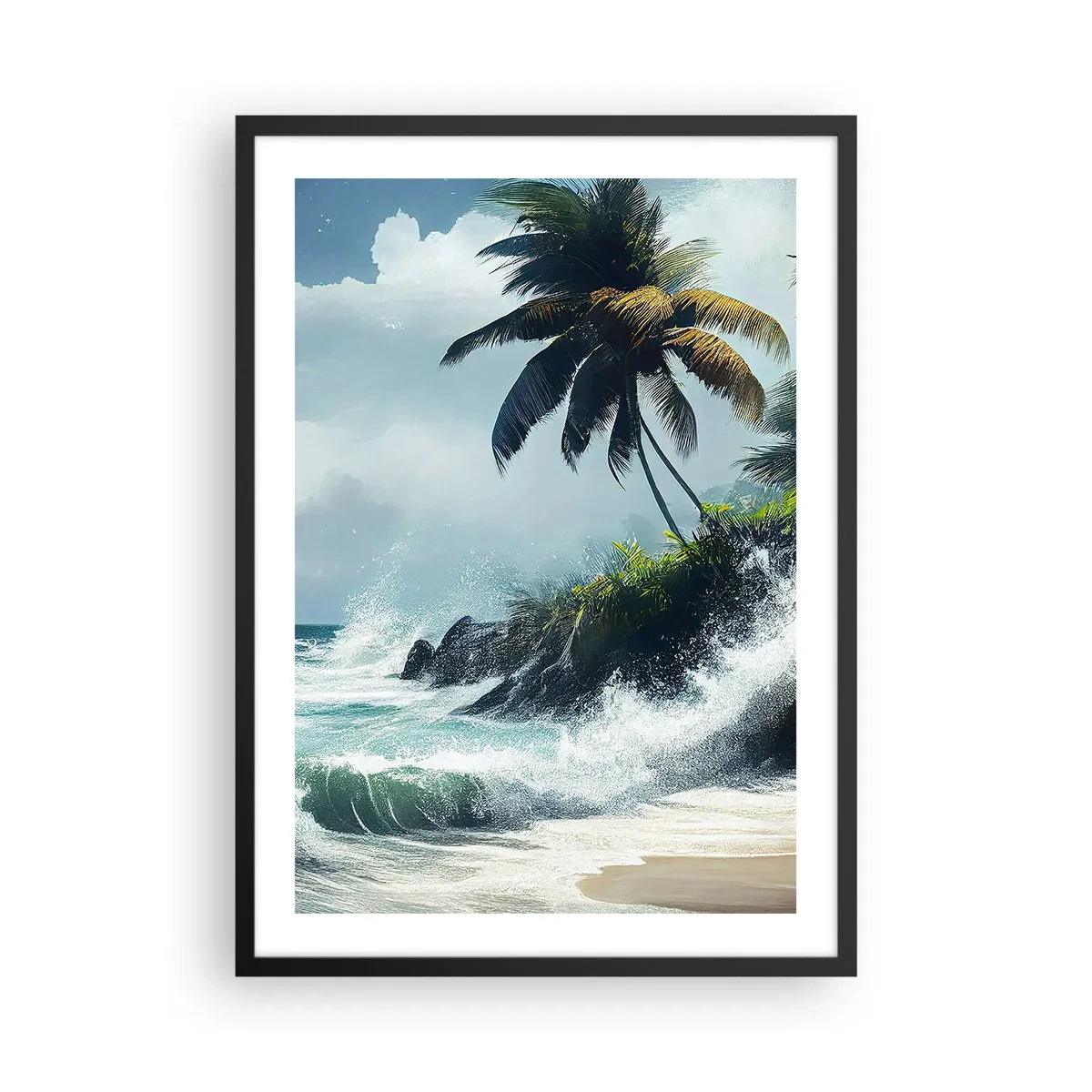 Plakat w czarnej ramie - Tropikalna plaża z palmami i wzburzonym oceanem - 50x70cm - Na tropikalnym brzegu - Nowoczesna dekoracja ścienna do salonu i sypialni ARTTOR