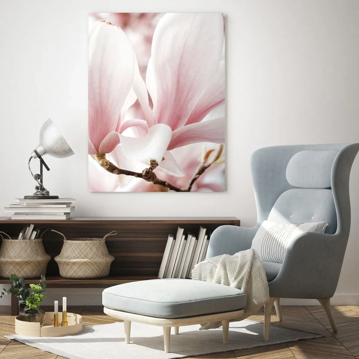 Obraz na szkle - Delikatne różowe magnolie w zbliżeniu na rozmytym tle - 50x70cm - Bezmiar czułości - Nowoczesna dekoracja ścienna do salonu, kuchni i sypialni ARTTOR