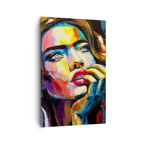 Obraz na płótnie - Kolorowy portret kobiety w stylu ekspresjonistycznym - 80x120cm - Marzenia jak ptaki szybują po niebie - Nowoczesna dekoracja ścienna do salonu i sypialni ARTTOR
