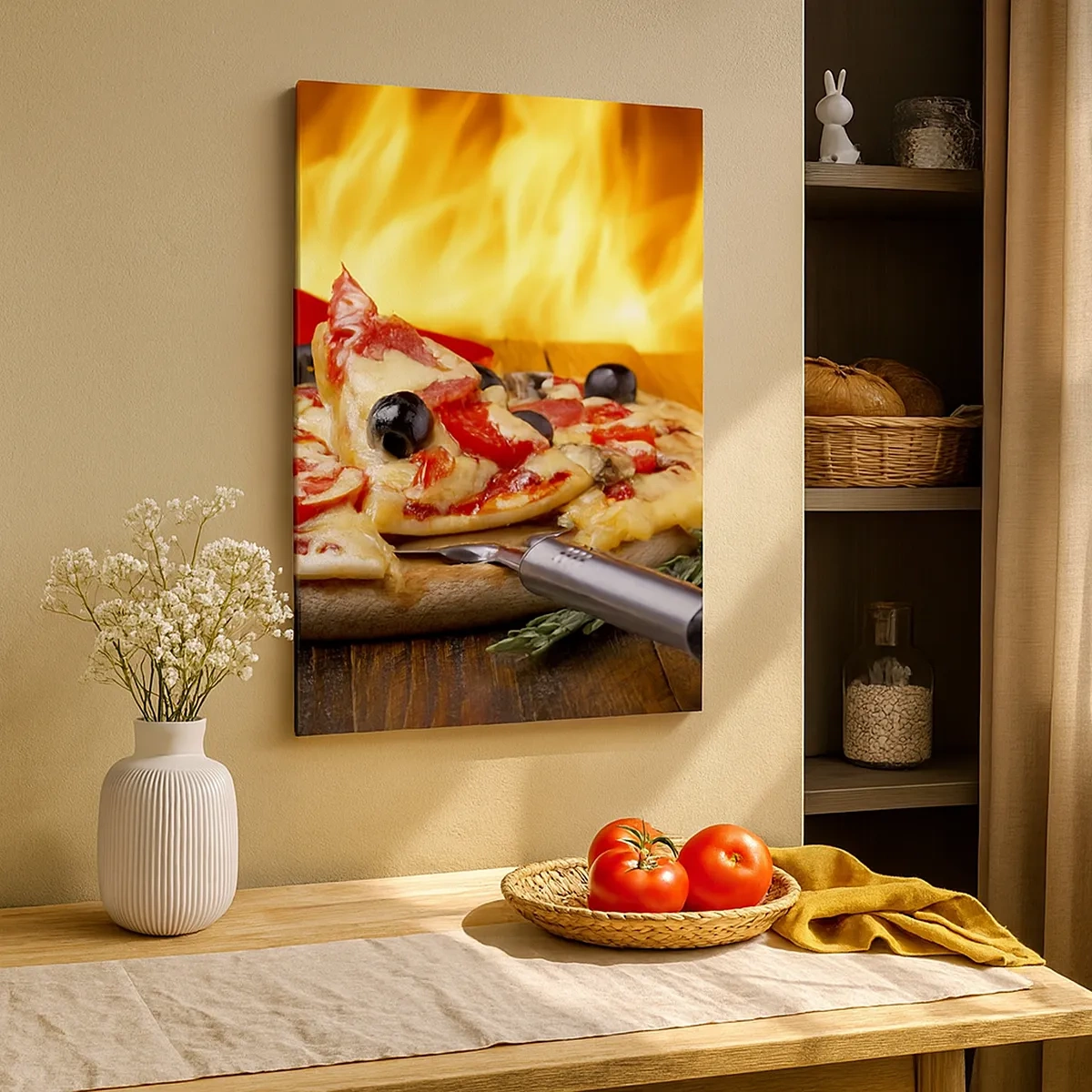 Obraz na płótnie - Pizza na tle ognia - 50x70cm - From Italy with love - Nowoczesna dekoracja ścienna do salonu, kuchni i sypialni ARTTOR