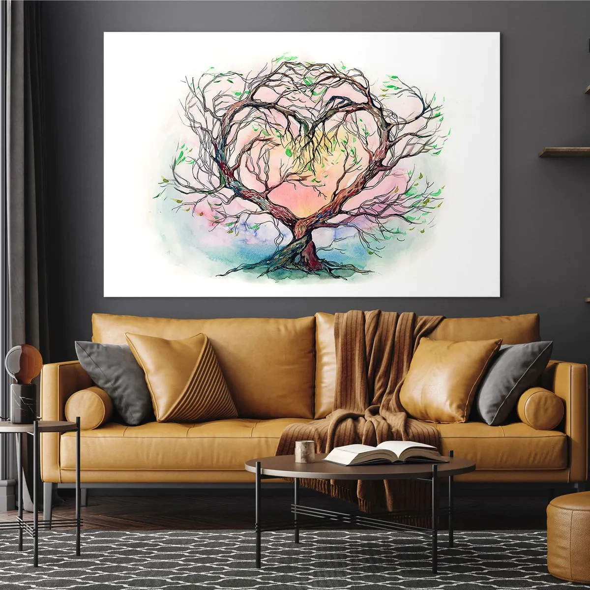 Obraz na szkle - Drzewo w kształcie serca z kolorowym, pastelowym tłem - 70x50cm - Razem przeciwko wichurom - Nowoczesna dekoracja ścienna do salonu i sypialni ARTTOR