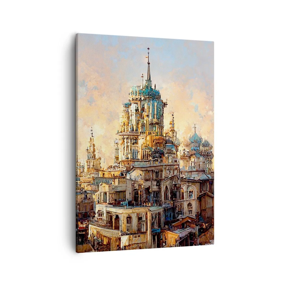 Obraz na płótnie - Fantastyczna architektura miasta z wieżami w złotych odcieniach na tle nieba - 50x70cm - Miasto miast - Nowoczesna dekoracja ścienna do salonu, kuchni i sypialni ARTTOR