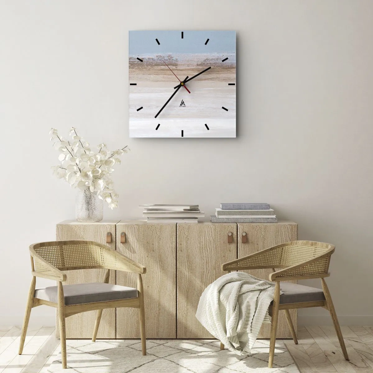 Zegar ścienny - Subtelny pejzaż w pastelowych odcieniach błękitu i beżu - 30x30cm - Niejednoznaczny pejzaż - Nowoczesna dekoracja ścienna do salonu i sypialni ARTTOR