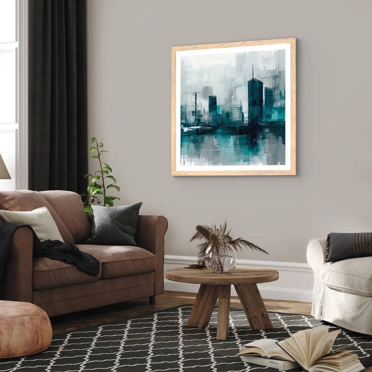 Plakat w ramie jasny dąb - Miasto w kolorze deszczu - 40x40 cm