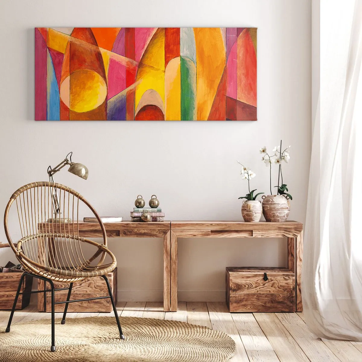 Obraz na płótnie - Abstrakcyjna kompozycja pełna kolorowych form geometrycznych - 140x50cm - Katedra słońca - Nowoczesna dekoracja ścienna do salonu i sypialni ARTTOR