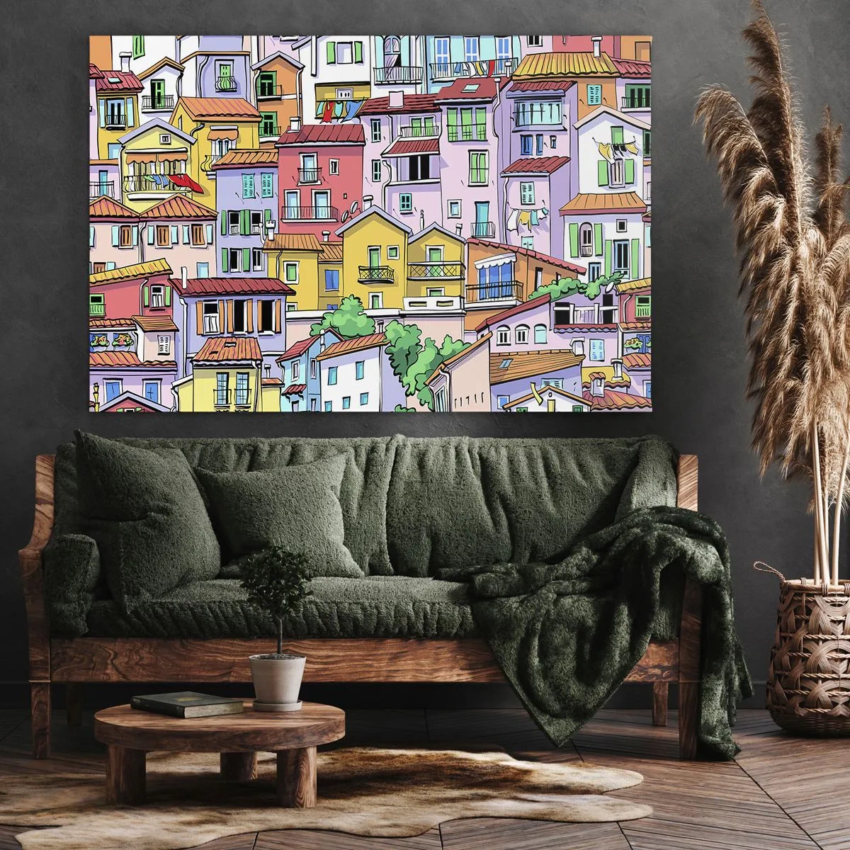 Obraz na płótnie - Kolorowe kamienice w żywej, radosnej stylistyce - 70x50cm - Wesołe miasto - Nowoczesna dekoracja ścienna do salonu i sypialni ARTTOR