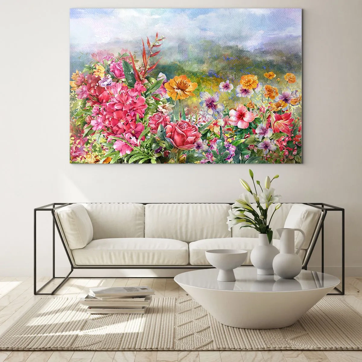 Obraz na szkle - Bukiet kolorowych kwiatów na tle malowniczego krajobrazu - 70x50cm - Ogród, który oszalał - Nowoczesna dekoracja ścienna do salonu i sypialni ARTTOR