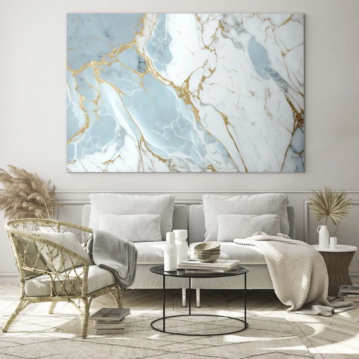 Obraz na szkle - Abstrakcyjny marmur w odcieniach błękitu i złota - 120x80cm - Bogactwo kamienia - Nowoczesna dekoracja ścienna do salonu, kuchni i sypialni ARTTOR