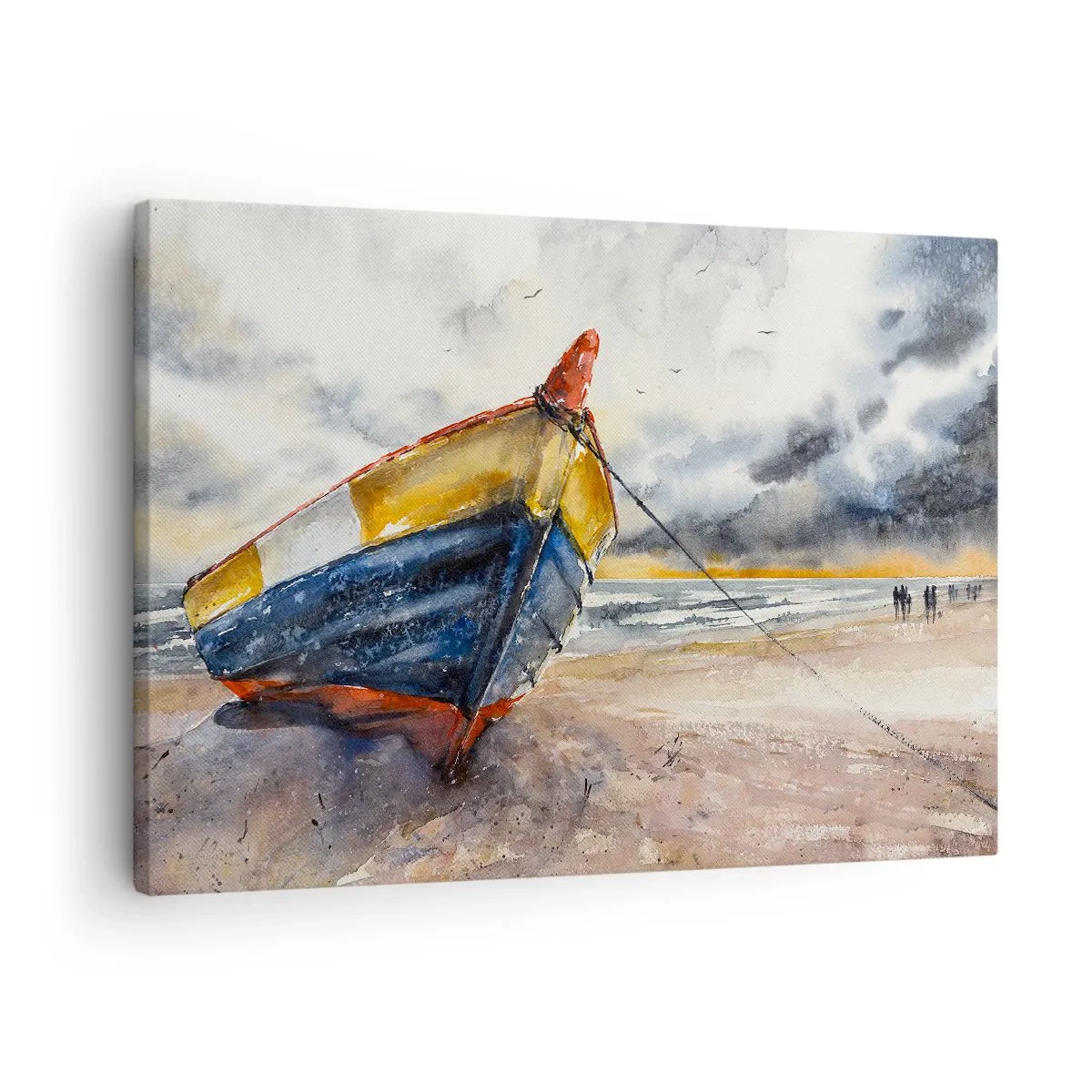 Obraz na płótnie - Malownicza łódź na plaży przy zachmurzonym niebie - 70x50cm - Odpoczynek na brzegu - Nowoczesna dekoracja ścienna do salonu i sypialni ARTTOR