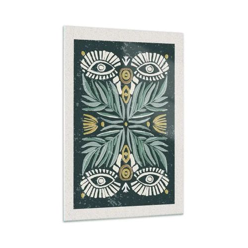 Obraz na szkle - Symetryczny wzór roślinny na zielonym tle - 70x100cm - Jak ludowa wycinanka - Nowoczesna dekoracja ścienna do salonu i sypialni ARTTOR