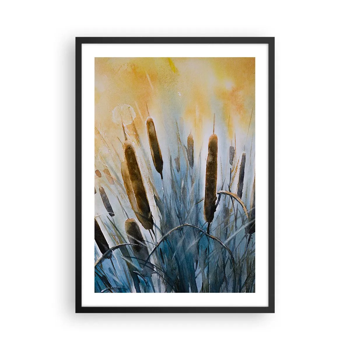 Plakat w czarnej ramie - Malarska kompozycja trzcin w ciepłym świetle - 50x70cm - Chłód wody, słońca żar - Nowoczesna dekoracja ścienna do salonu i sypialni ARTTOR