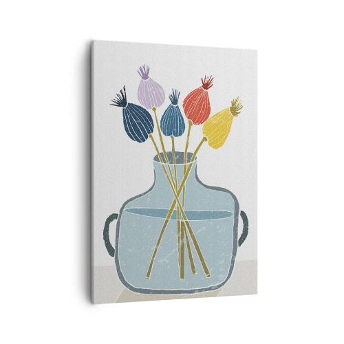 Obraz na płótnie - Kolorowe makówki w szklanym dzbanku na jasnym tle - 50x70cm - Jak makiem zasiał - Nowoczesna dekoracja ścienna do salonu, kuchni i sypialni ARTTOR