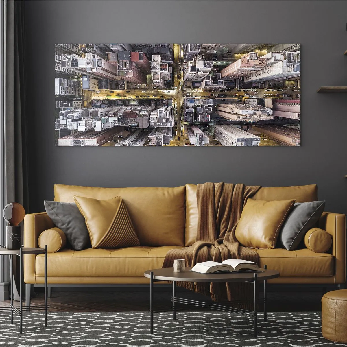 Obraz na szkle - Widok z lotu ptaka na miasto pełne drapaczy chmur - 160x50cm - Pozdrowienia z Hongkongu - Nowoczesna dekoracja ścienna do salonu i sypialni ARTTOR