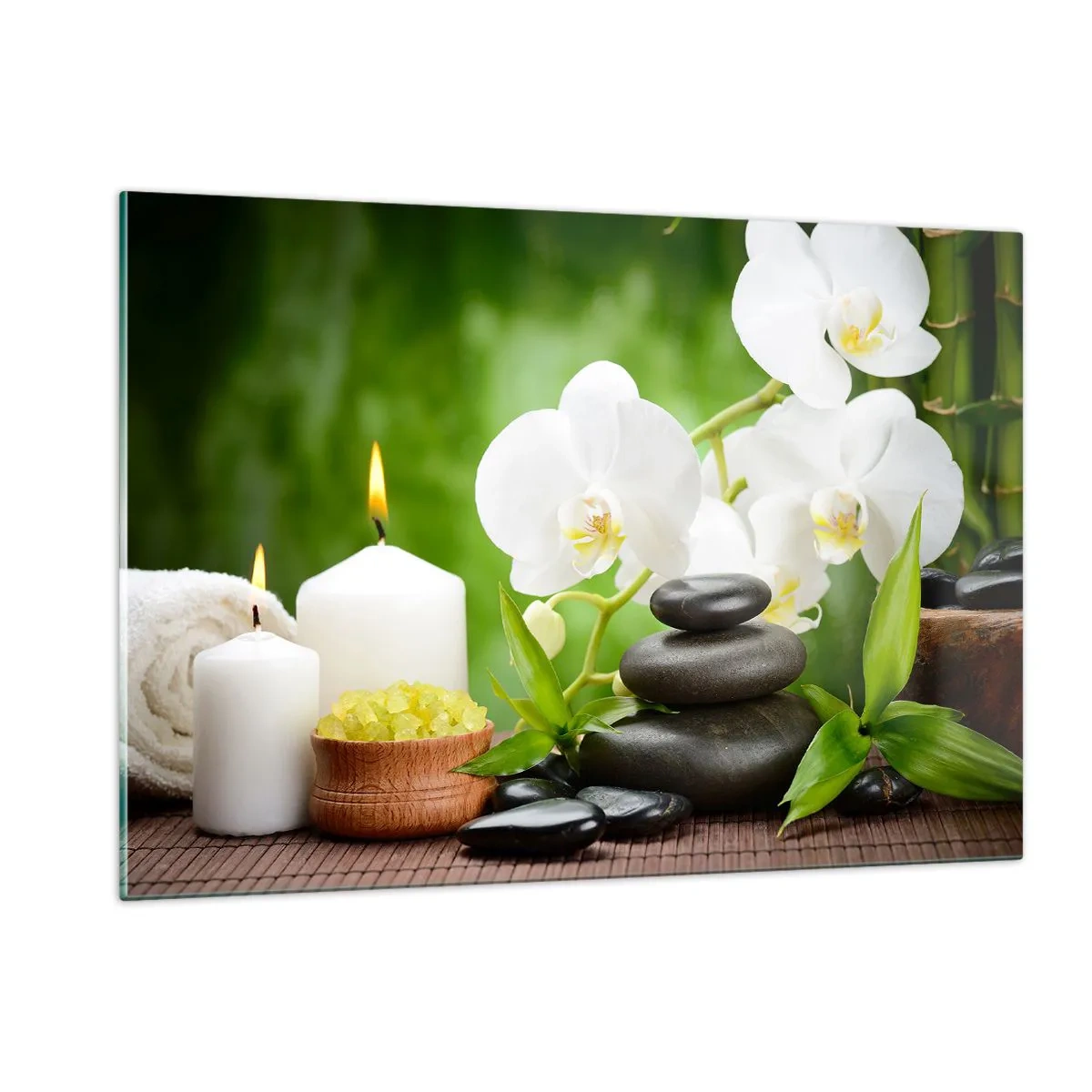 Obraz na szkle - Spa z orchideą, kamieniami i świecami na tle zieleni - 120x80cm - Wonny, kwiatowy, delikatny dotyk - Nowoczesna dekoracja ścienna do salonu, kuchni i sypialni ARTTOR
