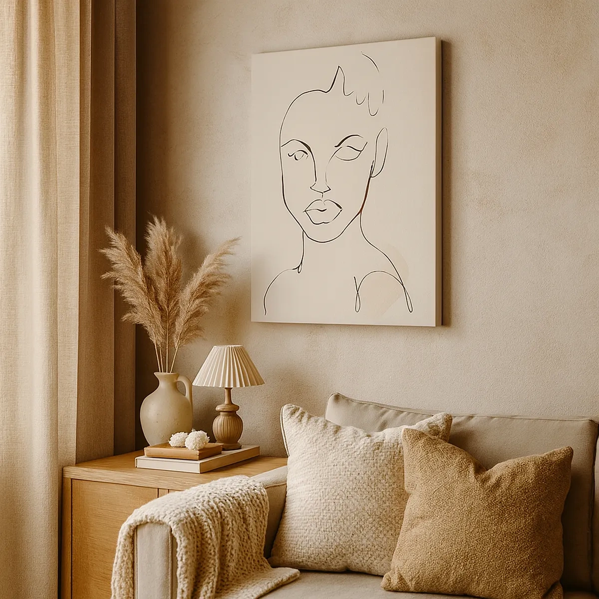 Obraz na płótnie - Minimalistyczny rysunek kobiecej twarzy wykonany czarną linią na jasnym tle - 50x70cm - Zarys zmysłowości - Nowoczesna dekoracja ścienna do salonu, kuchni i sypialni ARTTOR