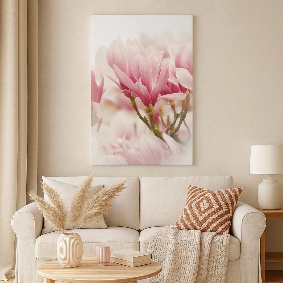 Obraz na płótnie - Delikatne różowe magnolie w pełnym rozkwicie na rozmytym tle - 50x70cm - Kwiaty wiosny - Nowoczesna dekoracja ścienna do salonu, kuchni i sypialni ARTTOR