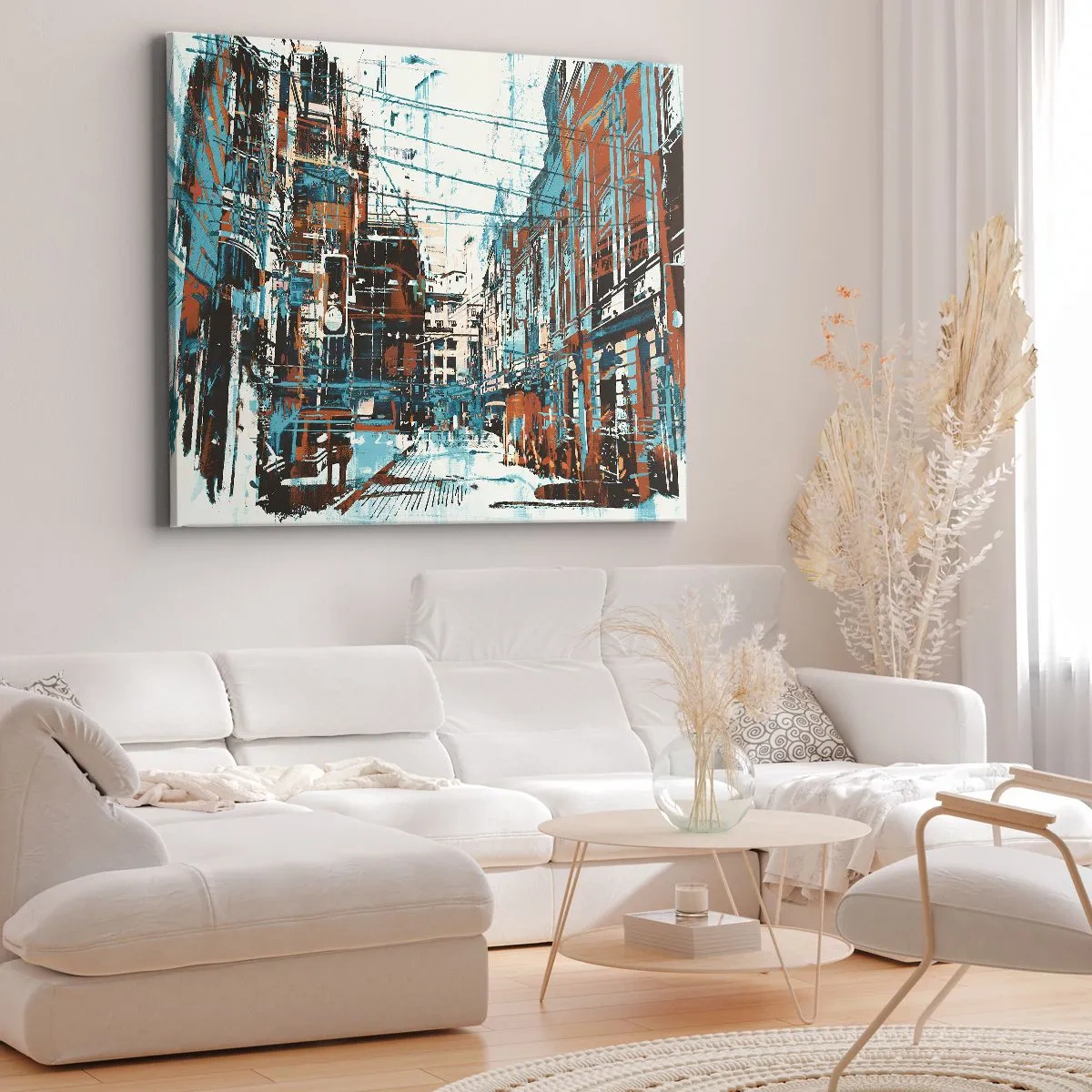 Obraz na płótnie - Miejski pejzaż w odcieniach niebieskiego i pomarańczu - 70x50cm - Przetarty miejski szlak - Nowoczesna dekoracja ścienna do salonu i sypialni ARTTOR