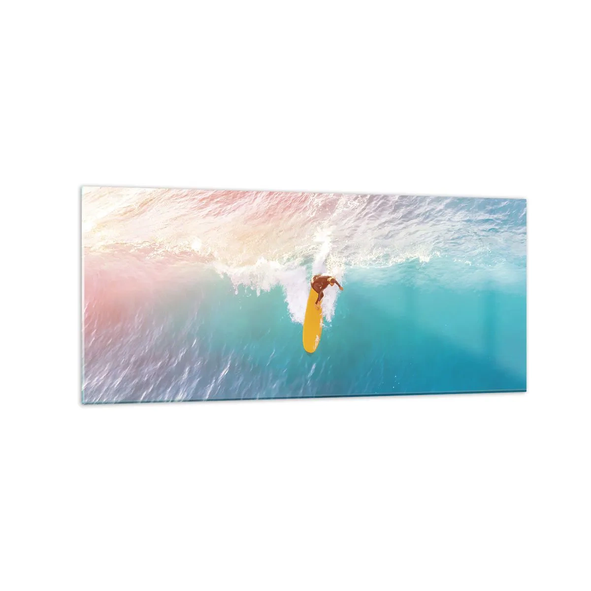 Obraz na szkle - Surfer na fali w pastelowych kolorach - 120x50cm - Oceaniczny jeździec - Nowoczesna dekoracja ścienna do salonu i sypialni ARTTOR