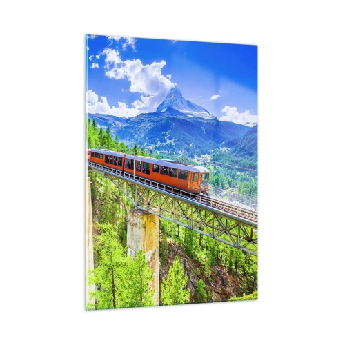 Obraz na szkle - Alpejski pociąg na moście z widokiem na wodospad - 50x70cm - Kolej na Alpy - Nowoczesna dekoracja ścienna do salonu, kuchni i sypialni ARTTOR