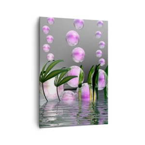 Obraz na płótnie - Zielone liście i różowe bańki nad wodą na tle szarym - 70x100cm - Refleksyjna kompozycja lekkości i życia - Nowoczesna dekoracja ścienna do salonu i sypialni ARTTOR