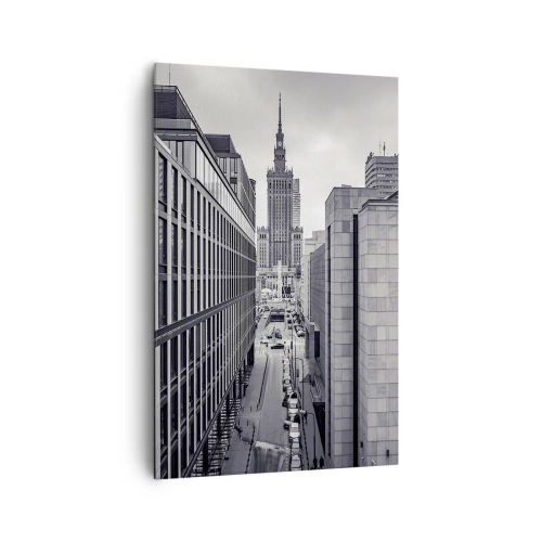 Obraz na płótnie - Panorama Warszawy z widokiem na Pałac Kultury i otaczające budynki - 80x120cm - Warszawska dolina - Nowoczesna dekoracja ścienna do salonu i sypialni ARTTOR