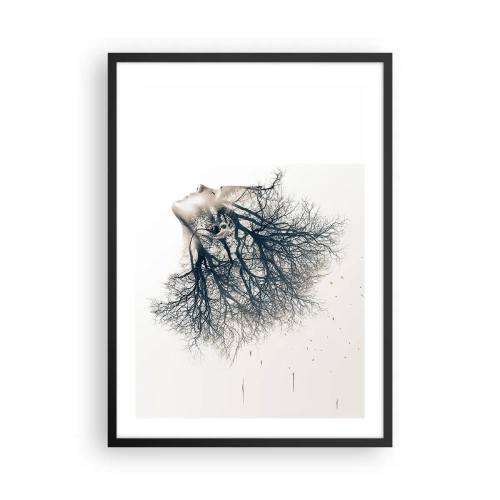 Plakat w czarnej ramie - Twarz kobiety z gałęziami tworzącymi włosy w surrealistycznym stylu - 50x70cm - Zasłuchana w szept drzewa - Nowoczesna dekoracja ścienna do salonu i sypialni ARTTOR