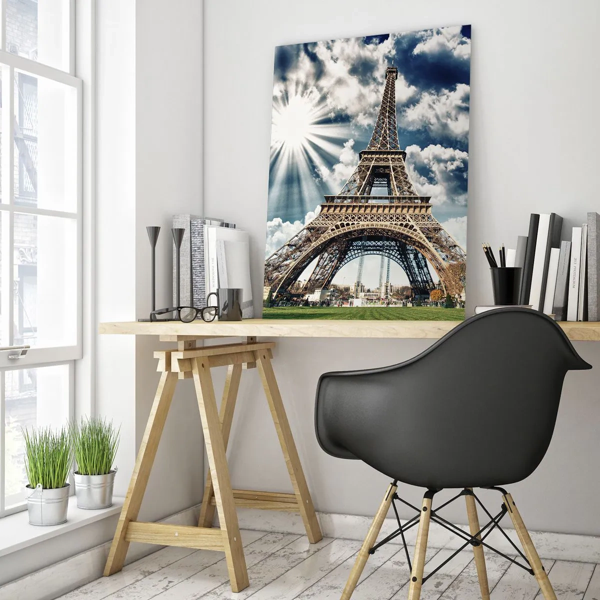Obraz na szkle - Wieża Eiffla na tle promiennego nieba - 50x70cm - Jedyna taka pod słońcem - Nowoczesna dekoracja ścienna do salonu, kuchni i sypialni ARTTOR