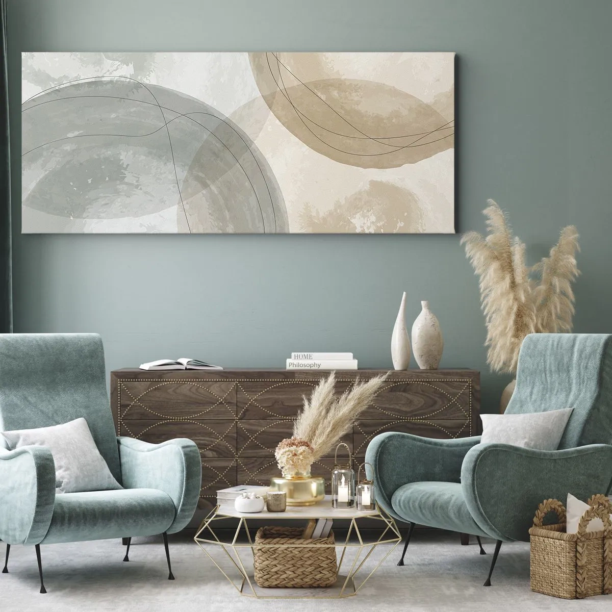 Obraz na płótnie - Abstrakcyjna kompozycja w pastelowych barwach z liniami - 160x50cm - Przenikanie światów - Nowoczesna dekoracja ścienna do salonu i sypialni ARTTOR