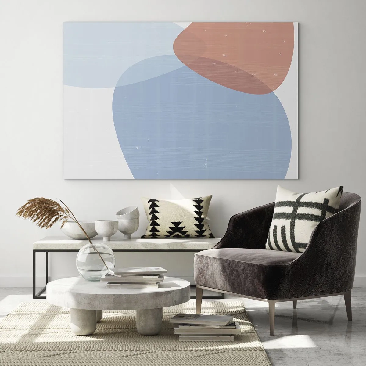 Obraz na szkle - Nowoczesna abstrakcja z niebieskim i różowym kształtem - 70x50cm - Pastelowe związki - Nowoczesna dekoracja ścienna do salonu i sypialni ARTTOR