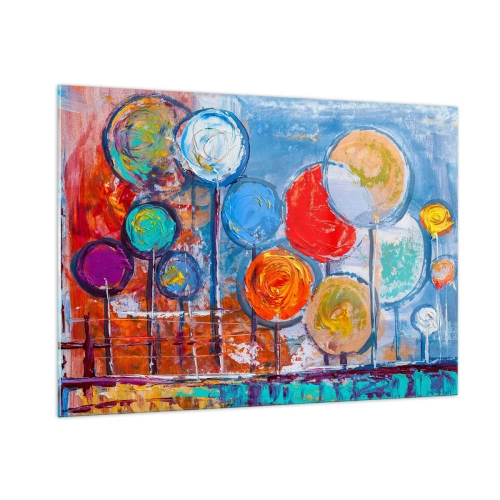 Obraz na szkle - Kolorowe, abstrakcyjne drzewa malowane na tle nieba - 100x70cm - Cuda na kiju - Nowoczesna dekoracja ścienna do salonu, kuchni i sypialni ARTTOR