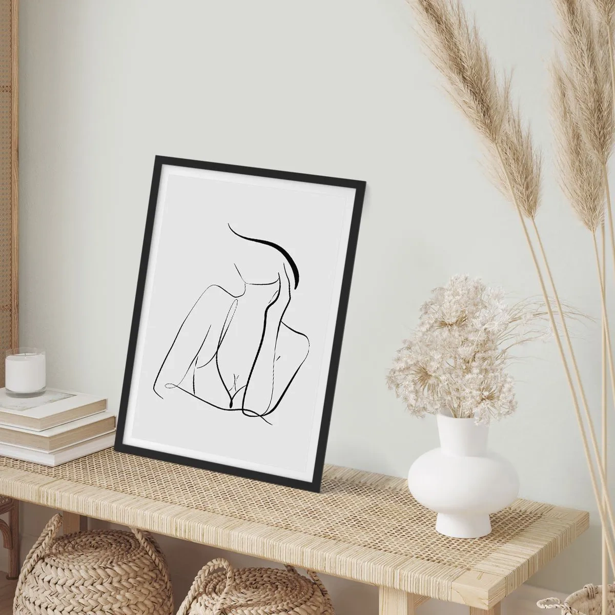Plakat w czarnej ramie - Minimalistyczna linia przedstawiająca sylwetkę kobiety - 50x70cm - Na fali marzeń - Nowoczesna dekoracja ścienna do salonu i sypialni ARTTOR