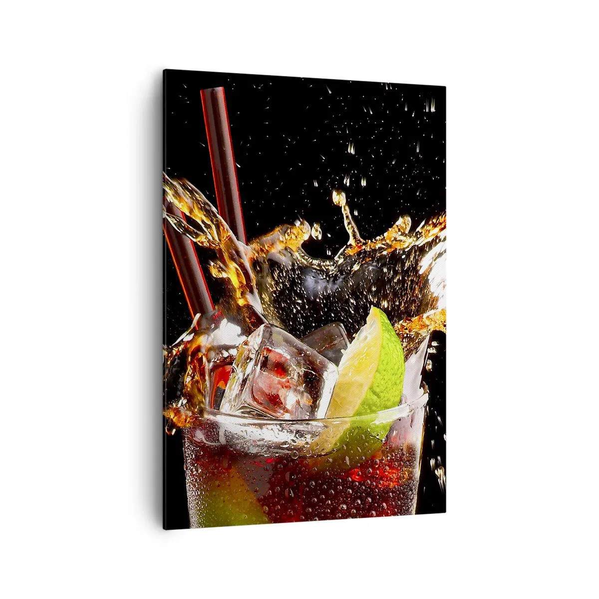 Obraz na płótnie - Szklanka z napojem, limonką i lodem w chwili dynamicznego rozprysku - 70x100cm - Radość i energia kolorów - Nowoczesna dekoracja ścienna do salonu i sypialni ARTTOR