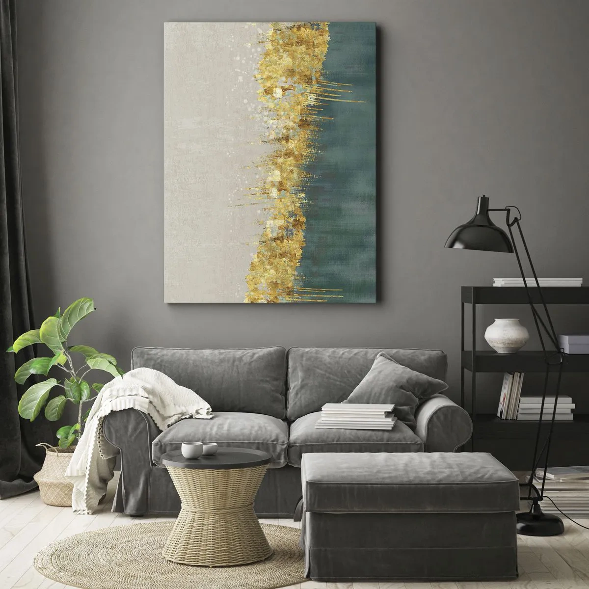 Obraz na płótnie - Abstrakcyjna kompozycja złotego akcentu na granicy dwóch kolorów - 50x70cm - Złota granica - Nowoczesna dekoracja ścienna do salonu, kuchni i sypialni ARTTOR