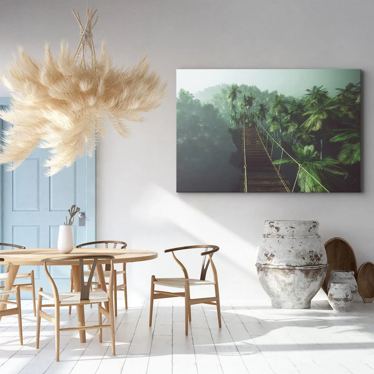 Obraz na płótnie - Wiszący most w tropikalnym lesie otoczonym mgłą - 70x50cm - Nad kipielą zieleni - Nowoczesna dekoracja ścienna do salonu i sypialni ARTTOR