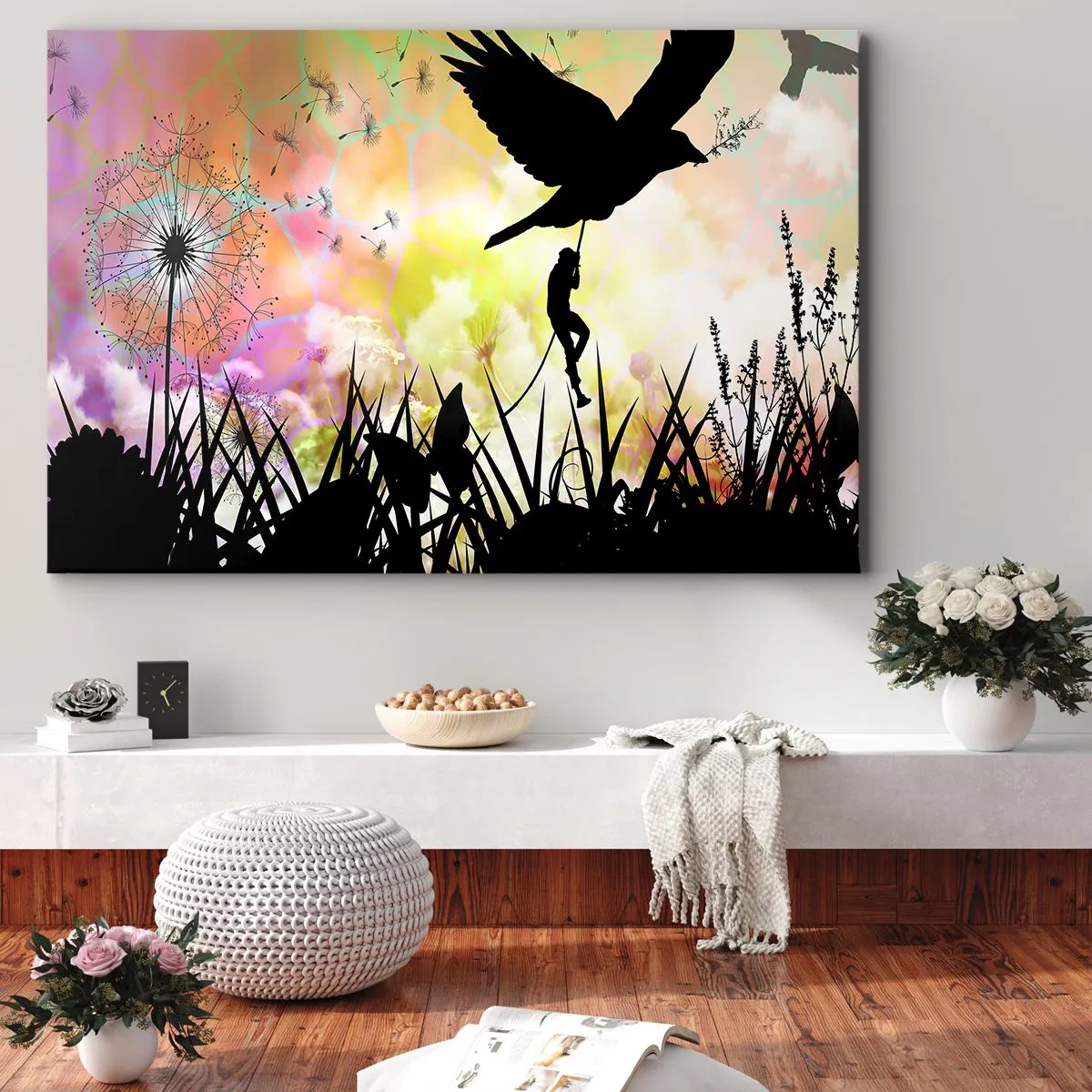 Obraz na płótnie - Siluetka natury z ptakiem i dmuchawcem - 70x50cm - W baśniowym klimacie - Nowoczesna dekoracja ścienna do salonu i sypialni ARTTOR