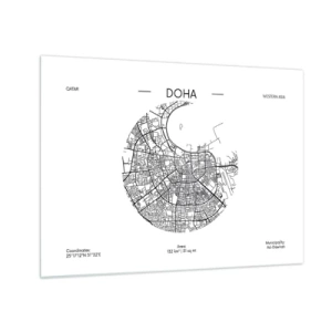 Obraz na szkle - Graficzna mapa Dohy w czarno-białym stylu minimalistycznym - 70x50cm - Anatomia Dohy - Nowoczesna dekoracja ścienna do salonu i sypialni ARTTOR