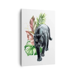 Obraz na płótnie - Czarna pantera w otoczeniu tropikalnych liści - 80x120cm - Dzikość serca - Nowoczesna dekoracja ścienna do salonu i sypialni ARTTOR