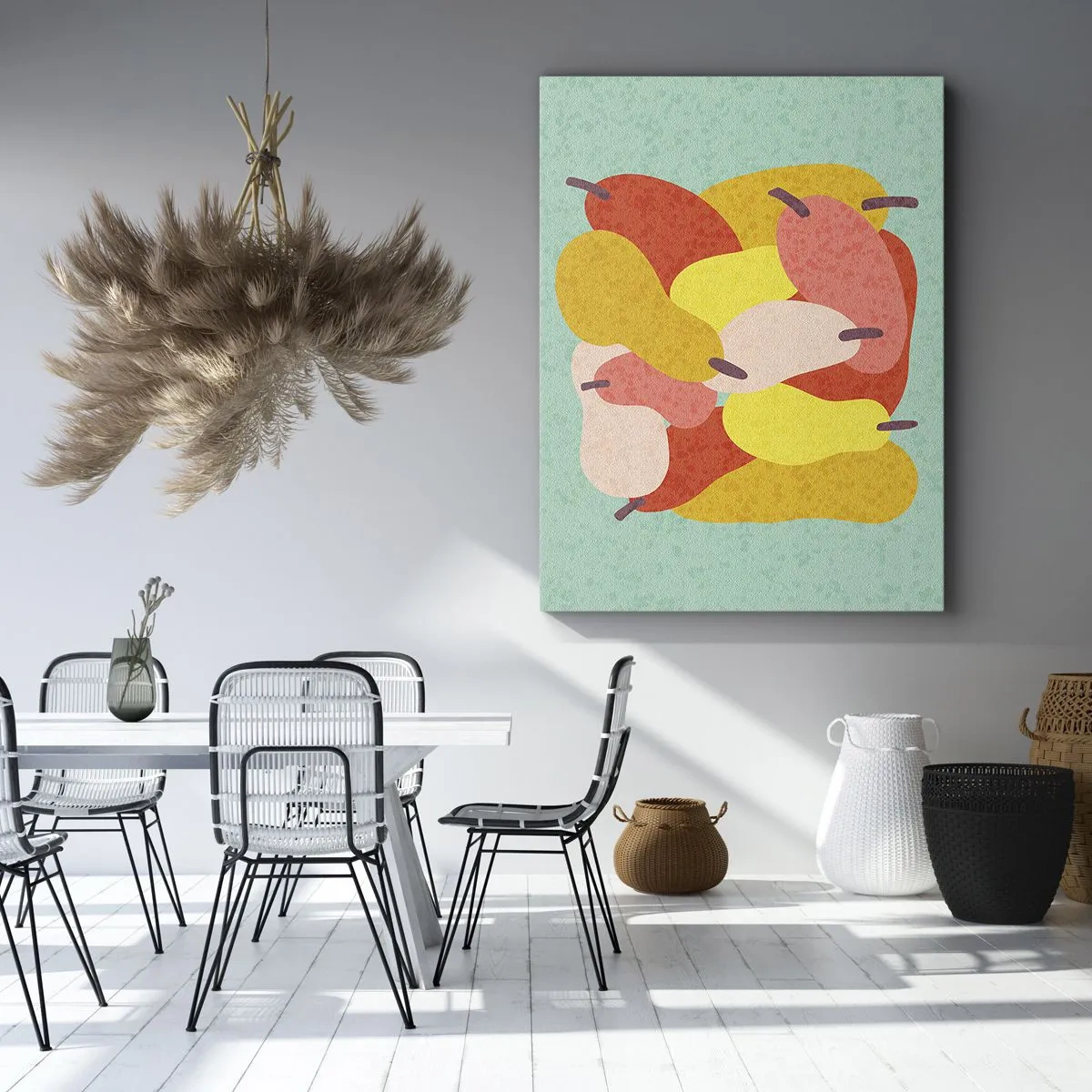 Obraz na płótnie - Kolorowa, abstrakcyjna kompozycja gruszek na miętowym tle - 50x70cm - Spróbuj letniego słońca - Nowoczesna dekoracja ścienna do salonu, kuchni i sypialni ARTTOR