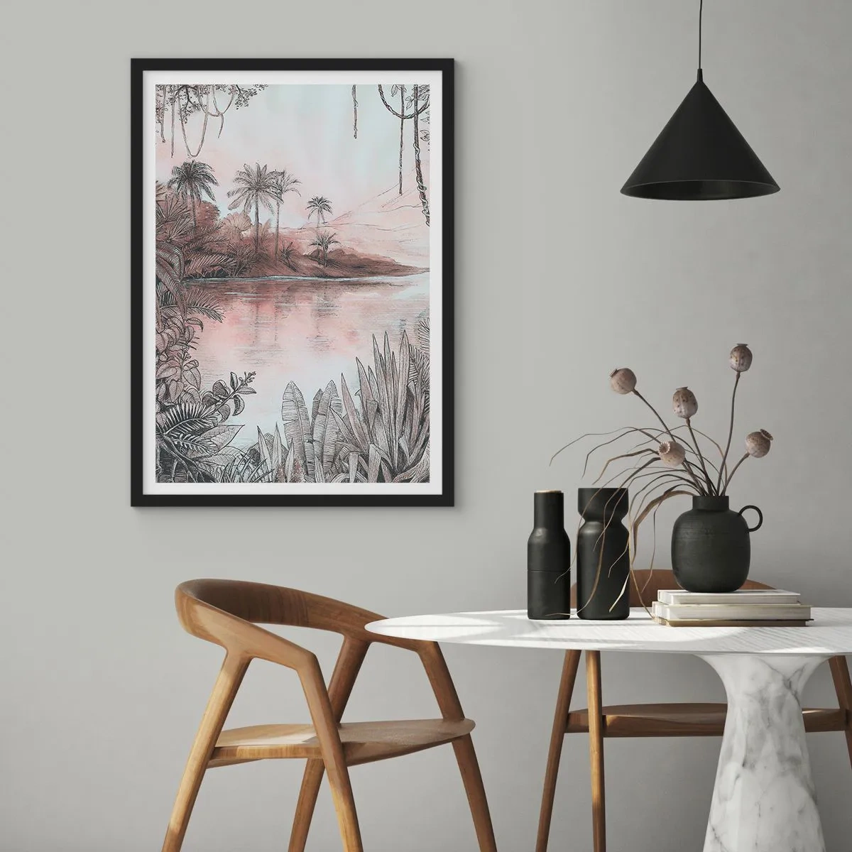 Plakat w czarnej ramie - Egzotyczny krajobraz nad wodą - 50x70cm - XIX-wieczny pamiętnik odkrywcy - Nowoczesna dekoracja ścienna do salonu i sypialni ARTTOR