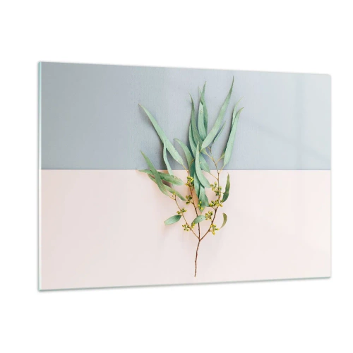 Obraz na szkle - Gałązka eukaliptusa na tle pastelowych kolorów - 120x80cm - Pastelowa subtelność - Nowoczesna dekoracja ścienna do salonu, kuchni i sypialni ARTTOR
