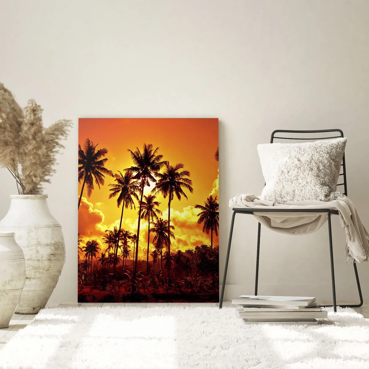Obraz na szkle - Palmy na tle ognistego zachodu słońca - 50x70cm - Płoną góry, płoną lasy - Nowoczesna dekoracja ścienna do salonu, kuchni i sypialni ARTTOR
